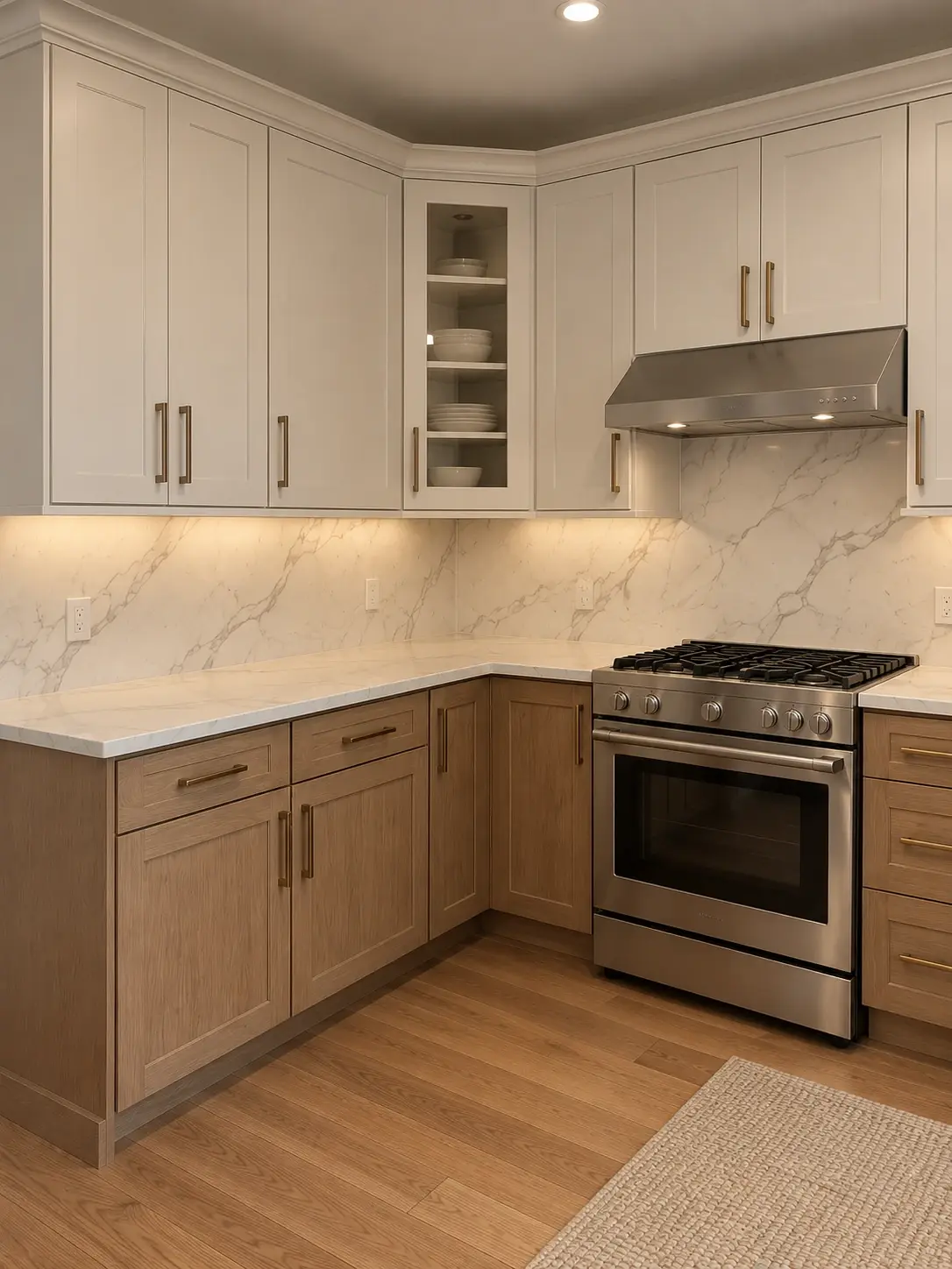Material inspiration pairing natural wood cabinets, pale marble and brass handles