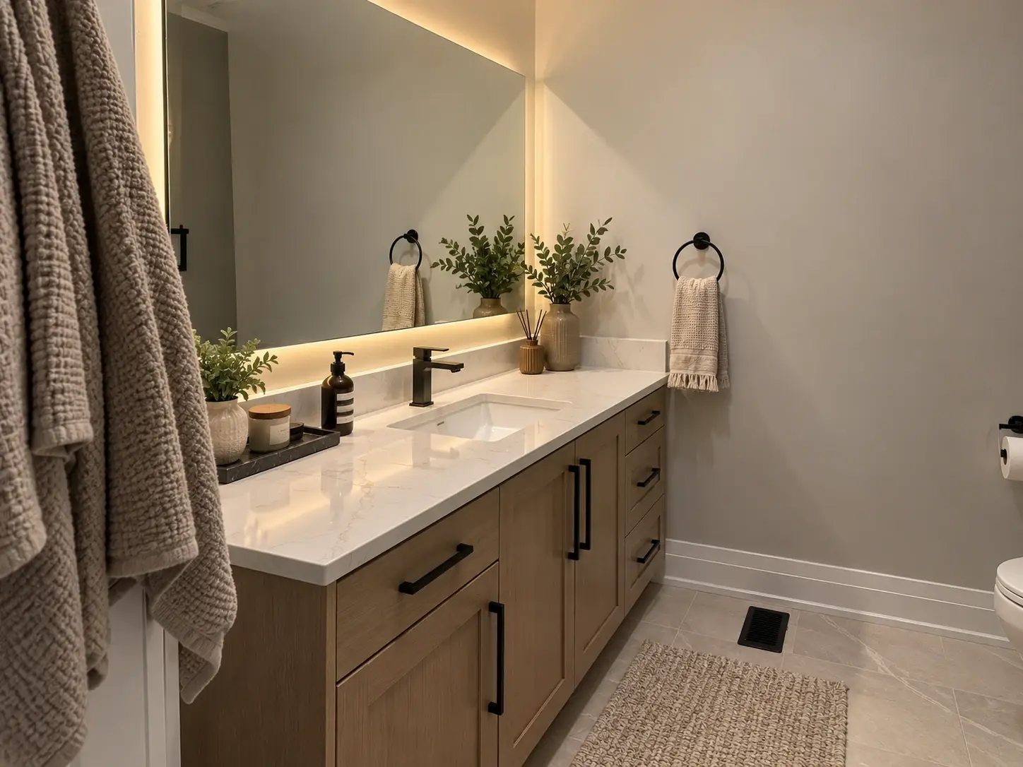 Style inspiration: bathroom with an oak vanity, marble-look counter, matte black fittings and backlit mirror
