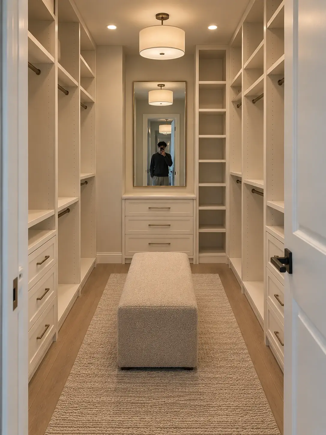 Style inspiration: walk-in closet with pale built-in storage, brass handles and warm ceiling lighting