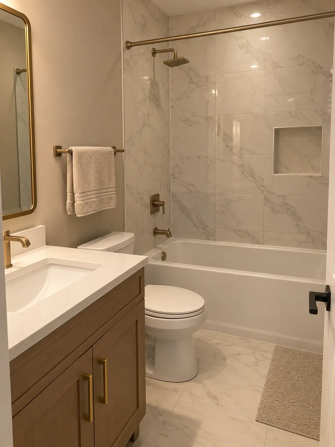 Style inspiration: marble-look bathroom with a wood vanity and brushed brass fixtures