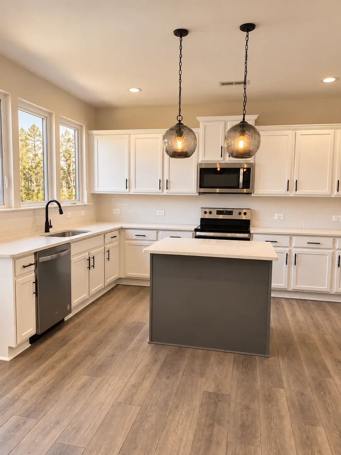 A kitchen for everyday gathering: White cabinetry, a contrasting island and glass pendant lights bring a warm balance to this kitchen.