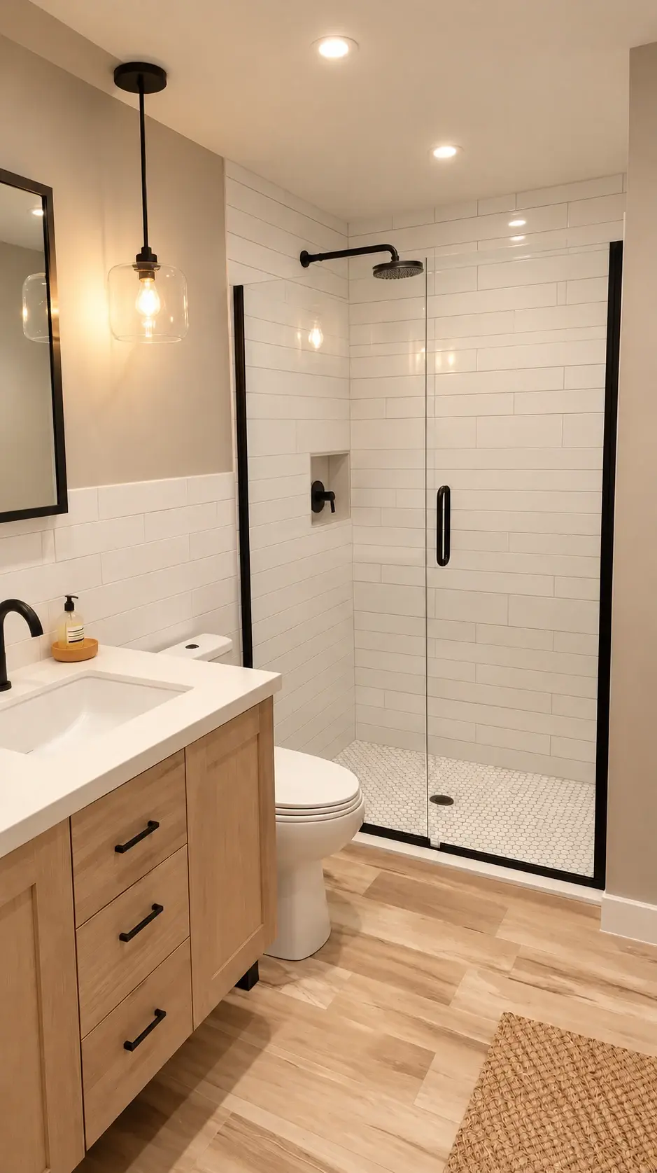 A timeless approach: White subway tile and dark shower fittings bring a clean contrast to a light bathroom.