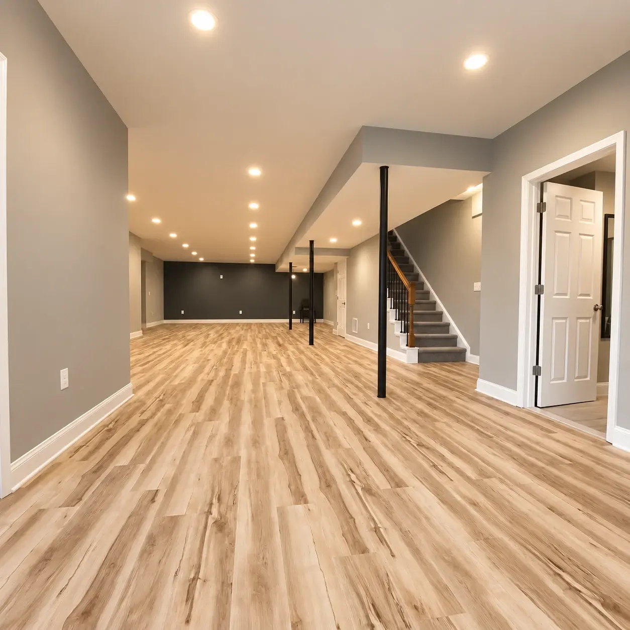 Room for what comes next: A bright, open lower level with light wood-look flooring, recessed lighting and a finished staircase.