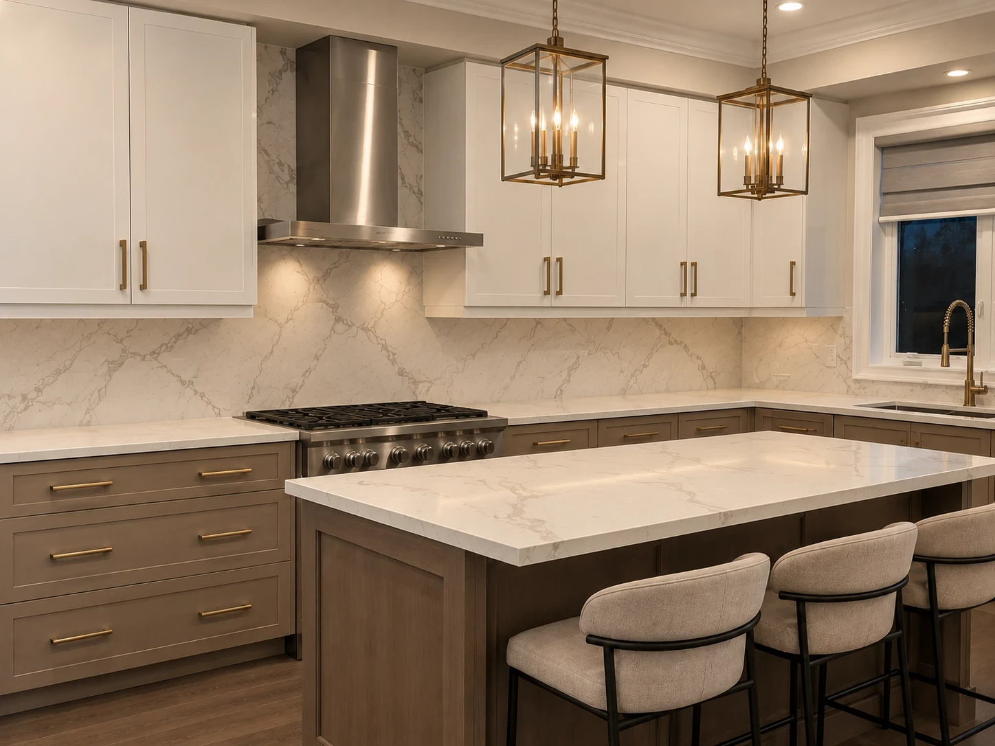 Kitchen style inspiration with marble countertops, wood cabinetry and brass pendant lighting